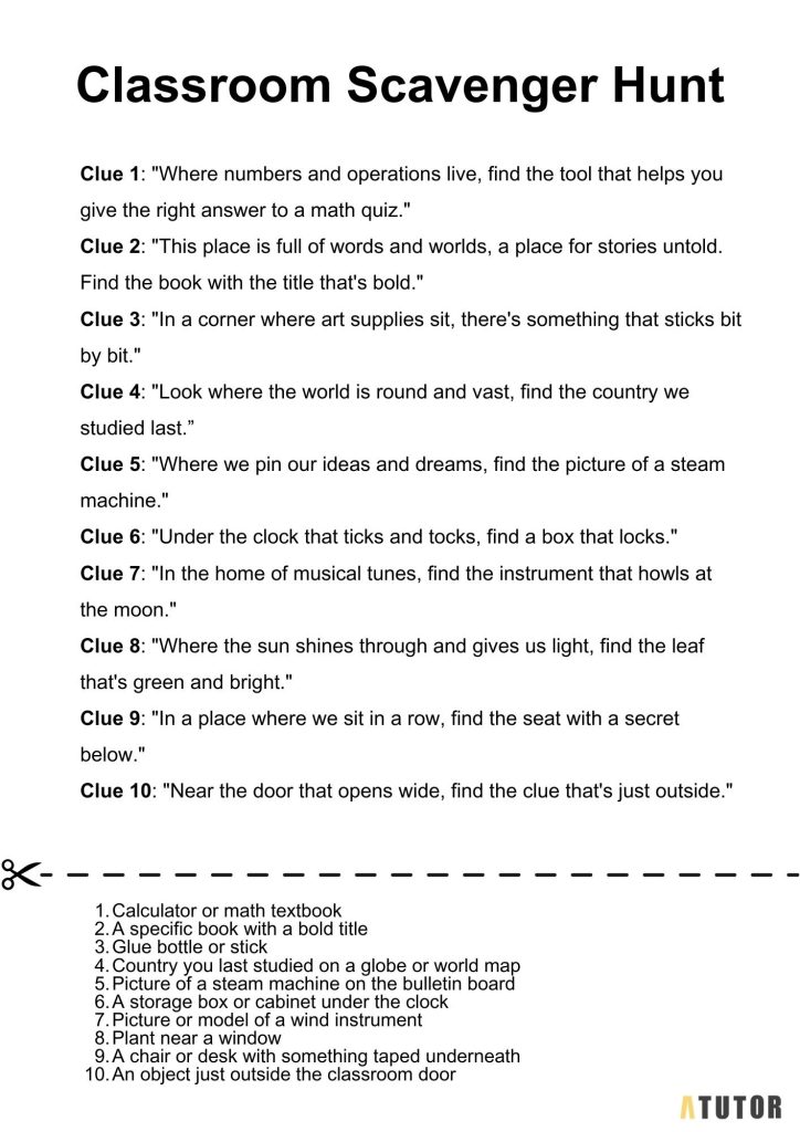 Classroom Scavenger Hunt Clues and Answer