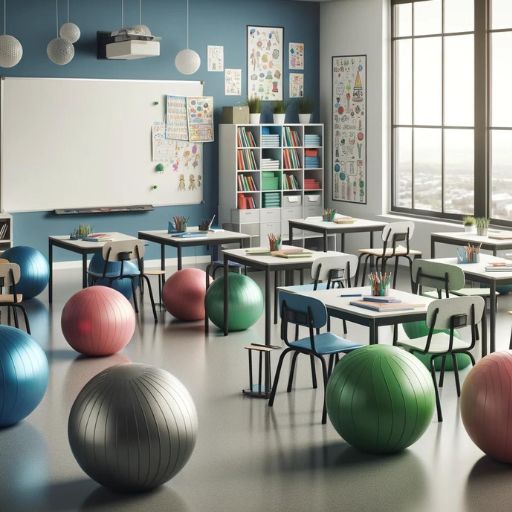 different colored stability balls in a classroom setting
