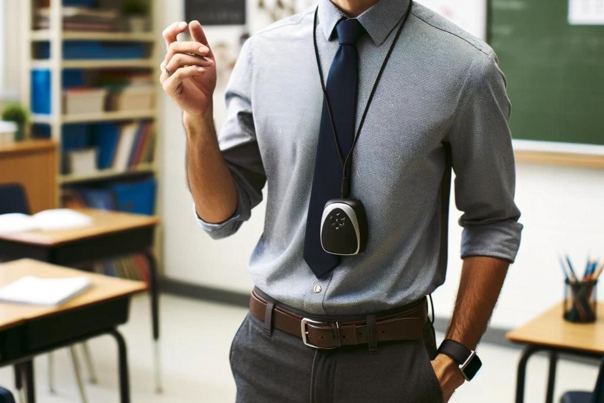 voice amplifier hanging from teacher's neck