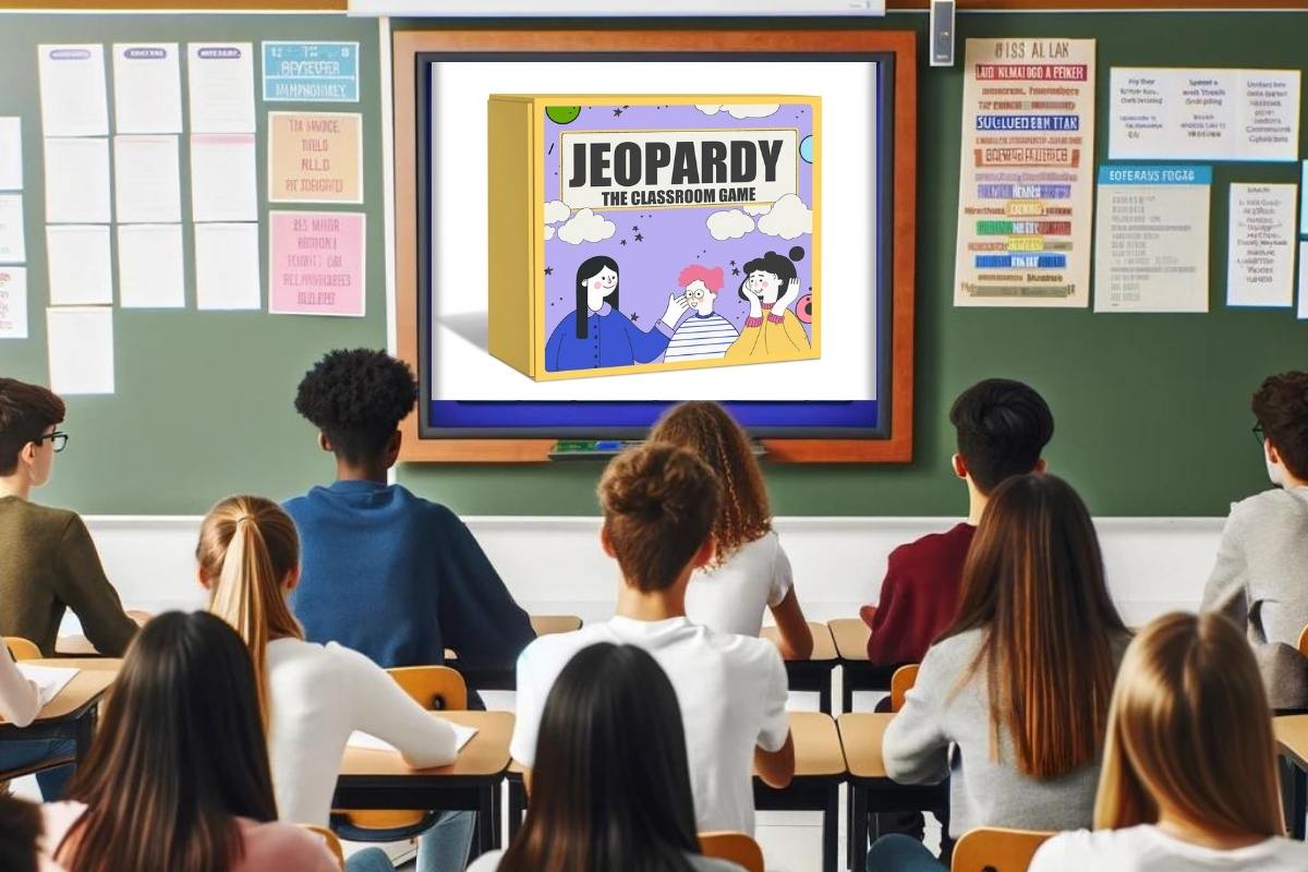 high schoolers playing Jeopardy on the classroom