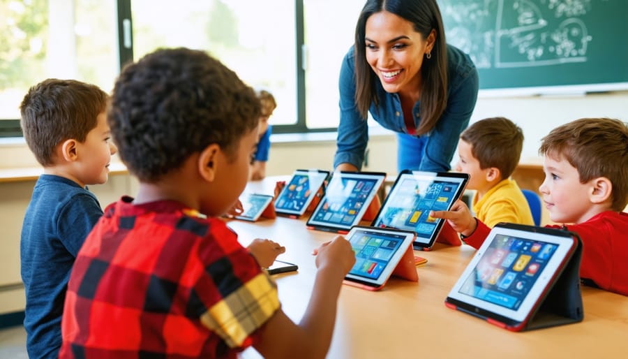 "Special education teacher engaged with diverse students using AI technology in a classroom setting."