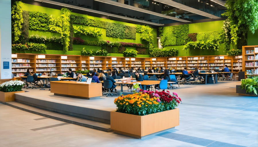 "University library scene with students studying amid beautifully arranged flowers and living green walls, illustrating the integration of floral design in educational spaces."