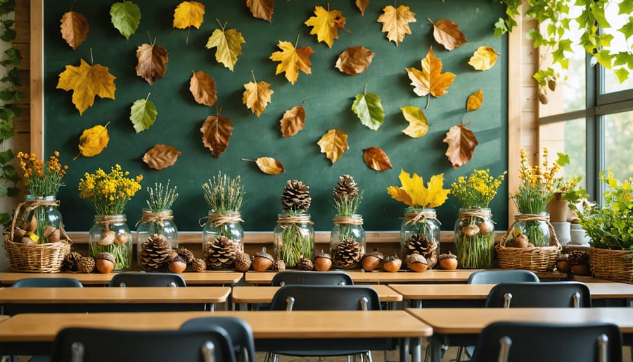 "Classroom decorated with pressed leaves on a bulletin board, pine cones in glass jars, and woven baskets, creating a natural and calming environment."
