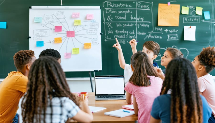 "Students using flipcharts, mind maps, and augmented reality displays in a modern classroom setting."