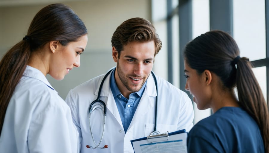 Group of medical students studying together in modern library