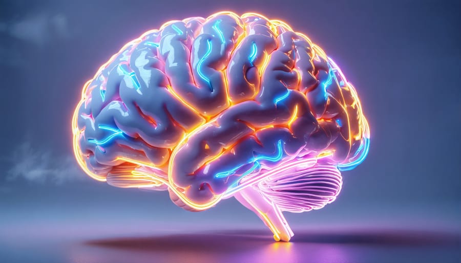 "Imaginative visualization of a brain crafted from neon light trails, symbolizing visual information processing."