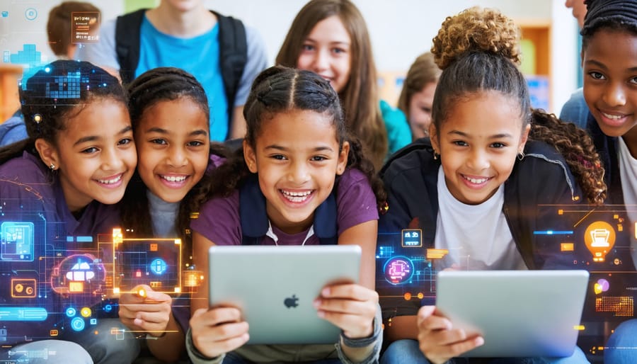 A group of diverse students actively engaged with digital learning tools on tablets and laptops, showcasing educational games, virtual labs, and collaborative platforms in a modern classroom.