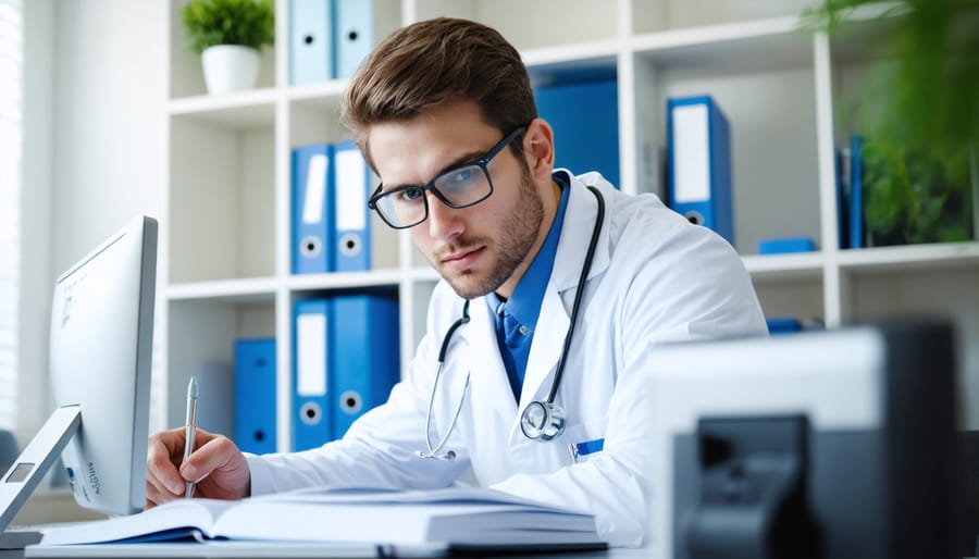 Medical student studying at desk with books and laptop