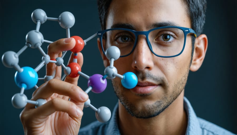 Teacher holding and demonstrating a colorful 3D molecular model in classroom setting