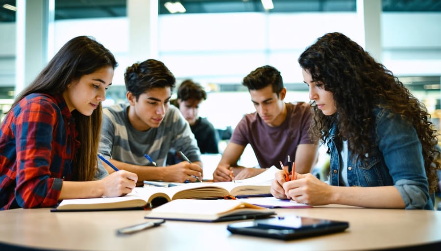 "Students in a library preparing for the IELTS exam, engaging with study materials together at a table."