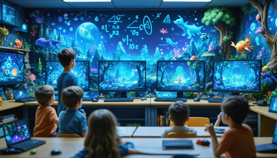 A dynamic classroom setting where students are actively engaged with educational video games on computers, showcasing animated STEM subjects like math and ecosystems, while a teacher provides guidance, highlighting the integration of technology and pedagogy.