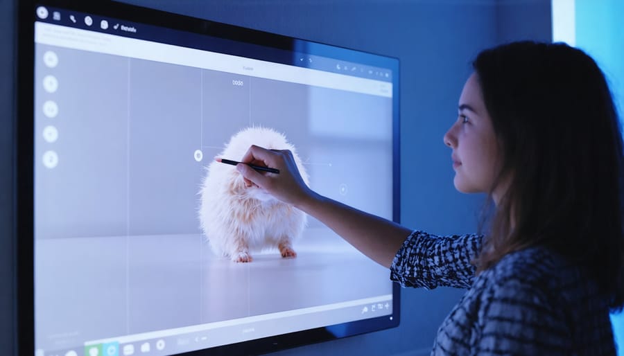 Group of students working together at a large interactive touch-screen display