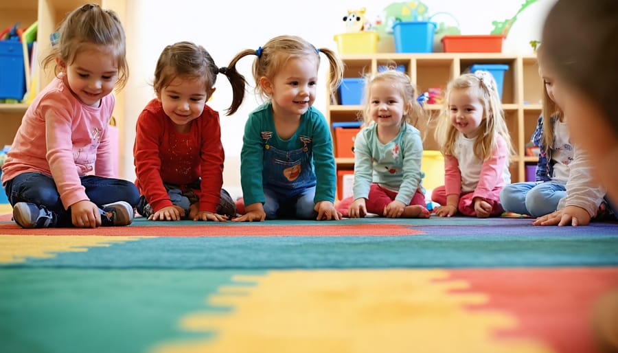 "Kindergarten children participating in an engaging circle time activity on a colorful classroom carpet."