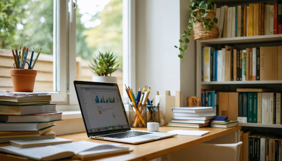 "Well-organized home office with a desk, open laptop, and LSAT study materials in natural daylight."
