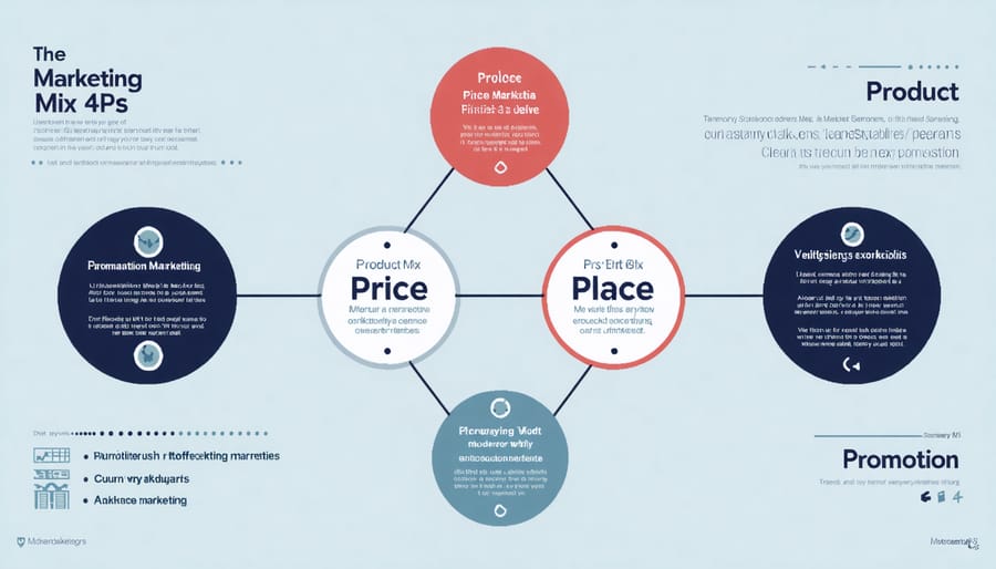 Infographic showcasing the interconnected elements of the Marketing Mix 4Ps, illustrating the relationship between Product, Price, Place, and Promotion for strategic marketing.