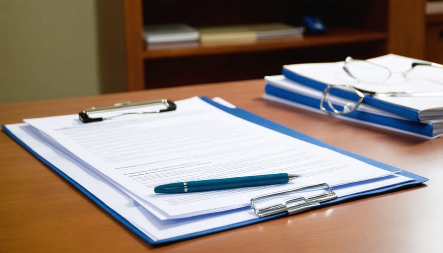 Neatly arranged medical folders and documents on desk