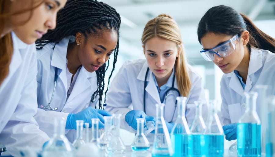 "A group of diverse medical students in white lab coats working together in a modern laboratory setting."