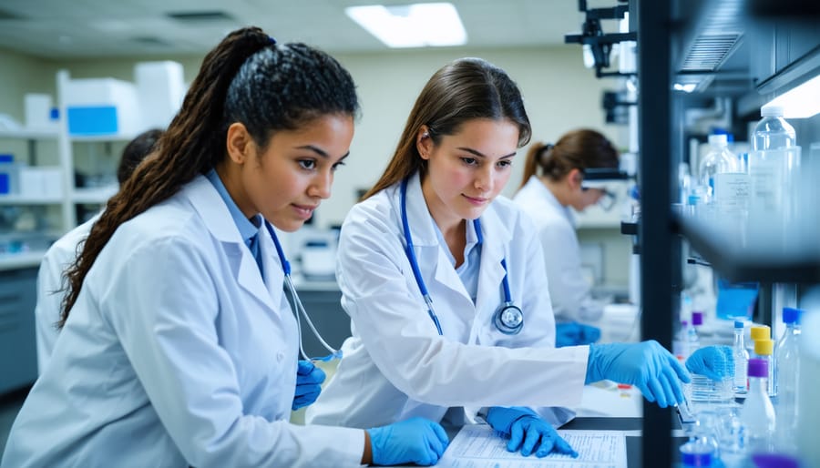 Group of diverse medical students in white coats studying together in a modern laboratory