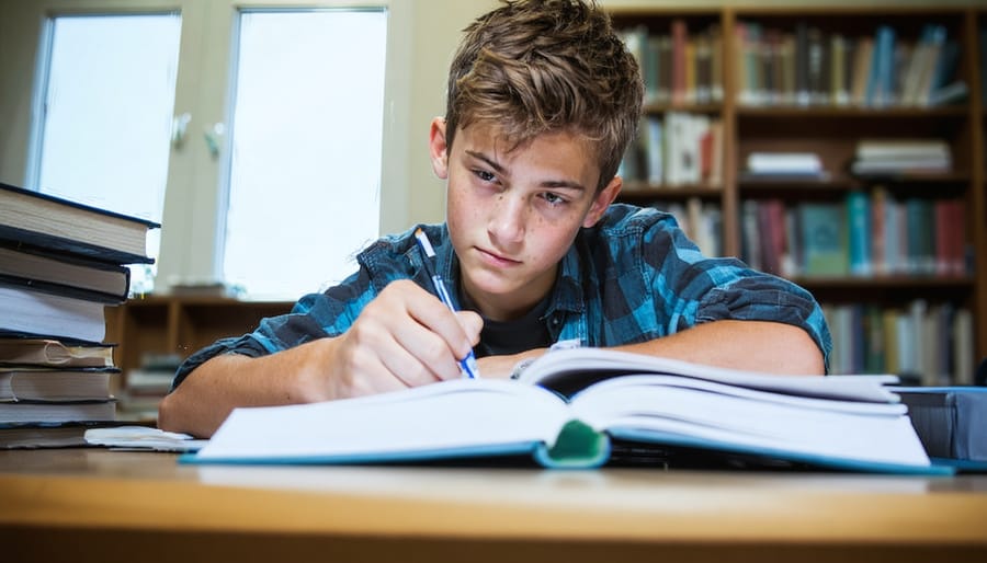 "High school student sitting at a desk taking a practice test with study materials, illuminated by natural daylight in a study room."