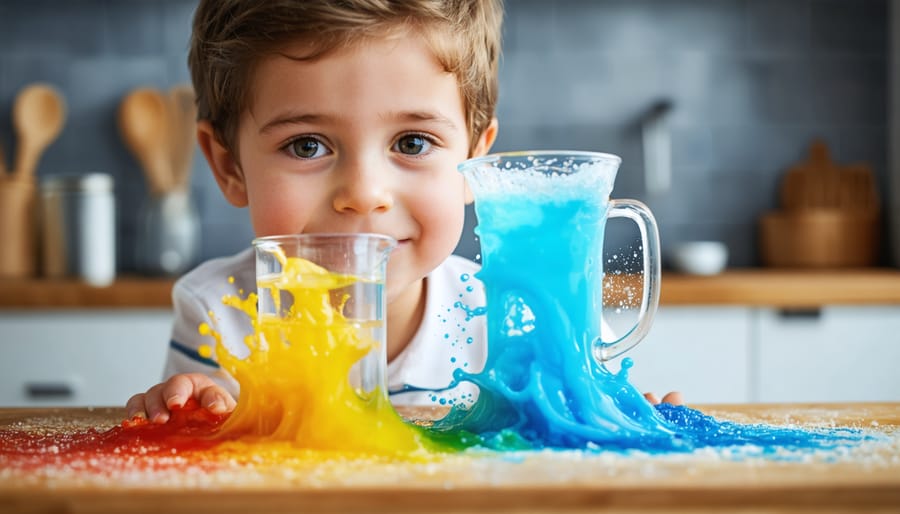 "Preschool child observing a colorful baking soda and vinegar reaction in a kitchen, expressing wonder and curiosity."