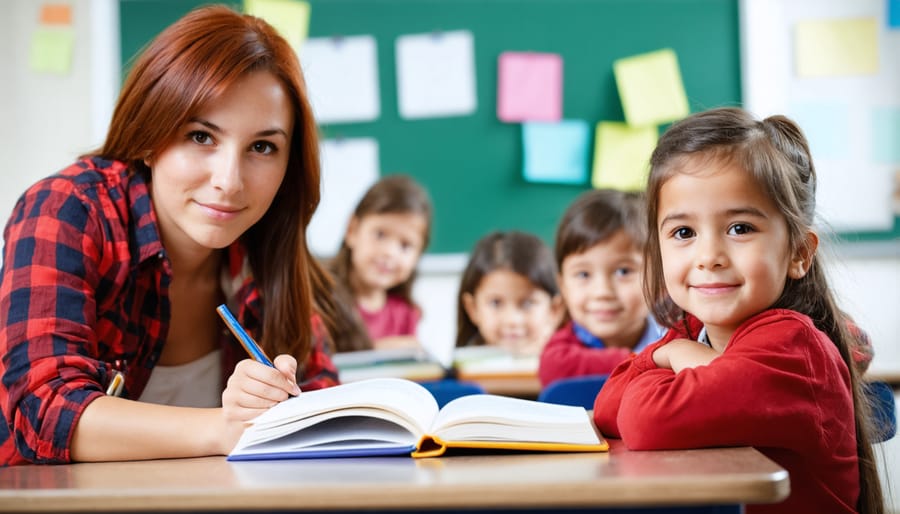 Teaching assistants working with elementary students at classroom table