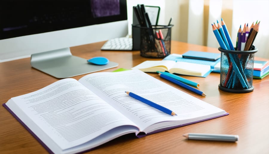 Organized desk setup with ACT practice test materials and supplies