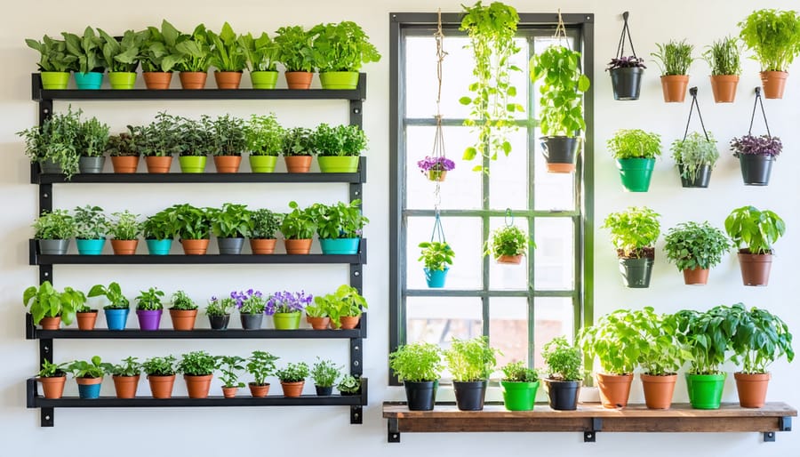 A classroom gardening scene with students actively involved in planting and measuring plants in wall-mounted and windowsill planters, illustrating a vibrant educational environment enhanced by a vertical garden system.