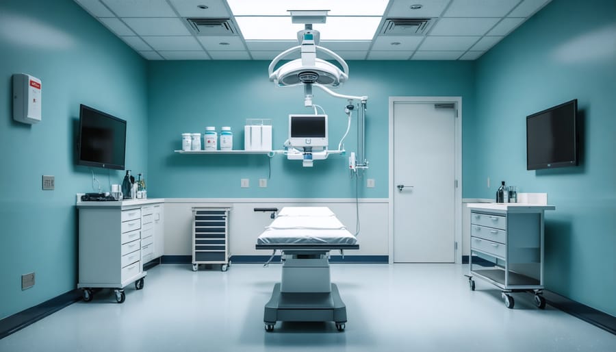 Modern medical examination room with examination table and equipment