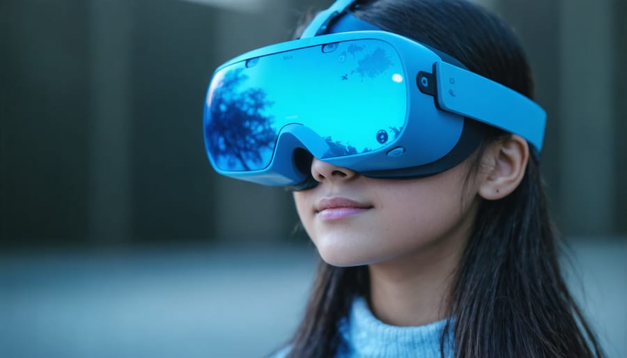 Student wearing VR headset and reaching out to interact with virtual content