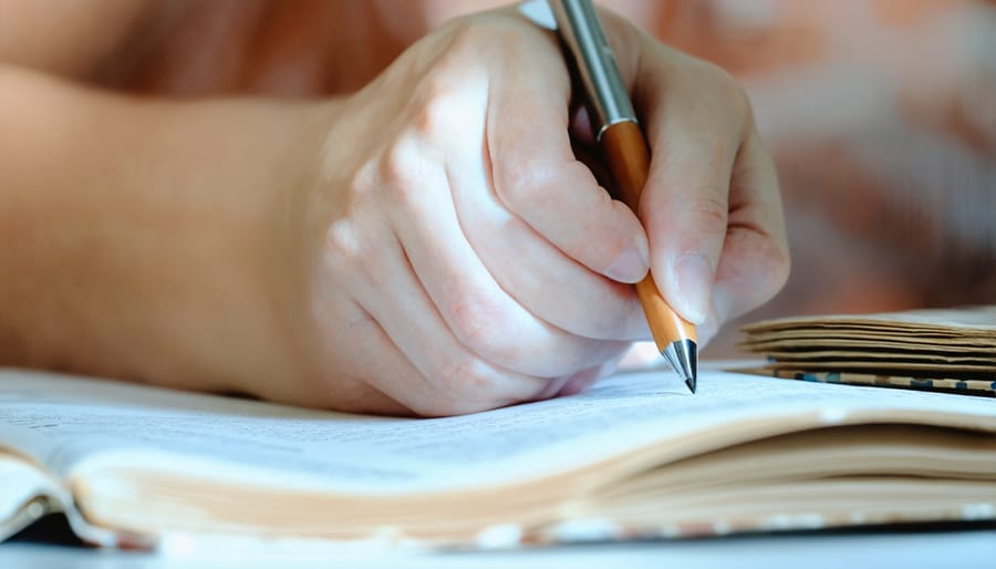 Overhead view of students working on academic writing with notebooks and study materials
