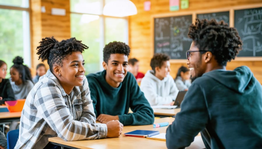 Eye-level view of a modern classroom with diverse students discussing in pairs at clustered desks, a teacher walking between groups, and classmates moving to wall stations; soft natural light and shallow depth of field focus on a foreground pair with no visible text.