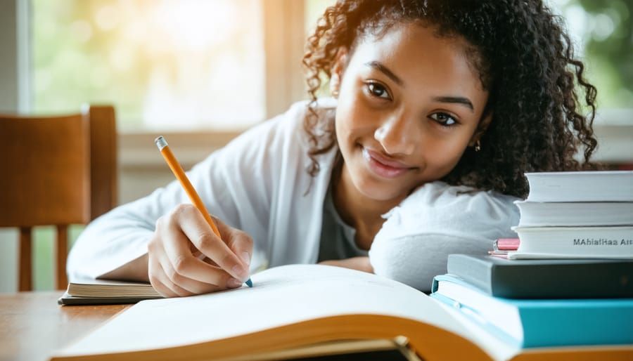Close-up of person taking detailed study notes in textbook with highlighter and sticky notes