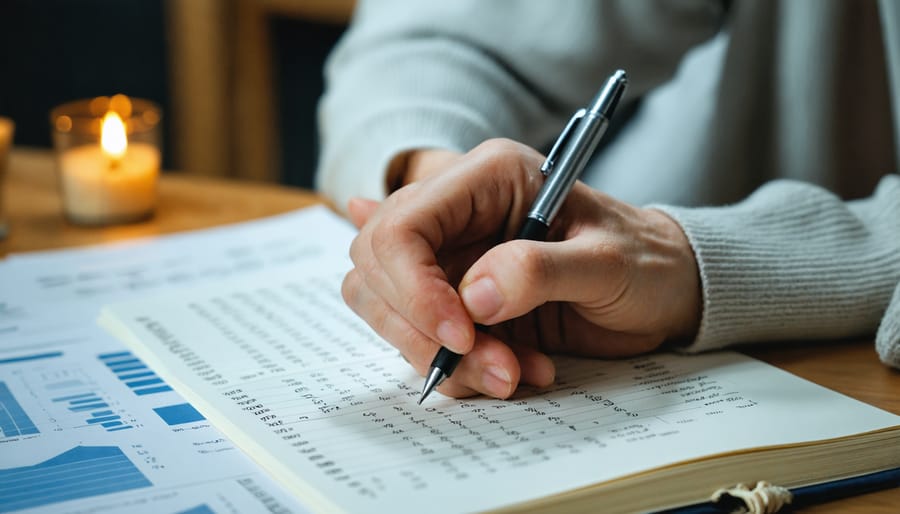 Student taking notes while studying at desk with laptop