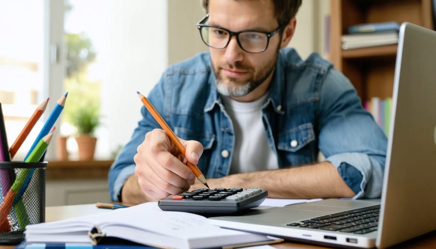 Adult learner studying at a home desk with pencil, notebook, and calculator beside a softly blurred laptop, lit by natural window light with a bookshelf and plant in the background