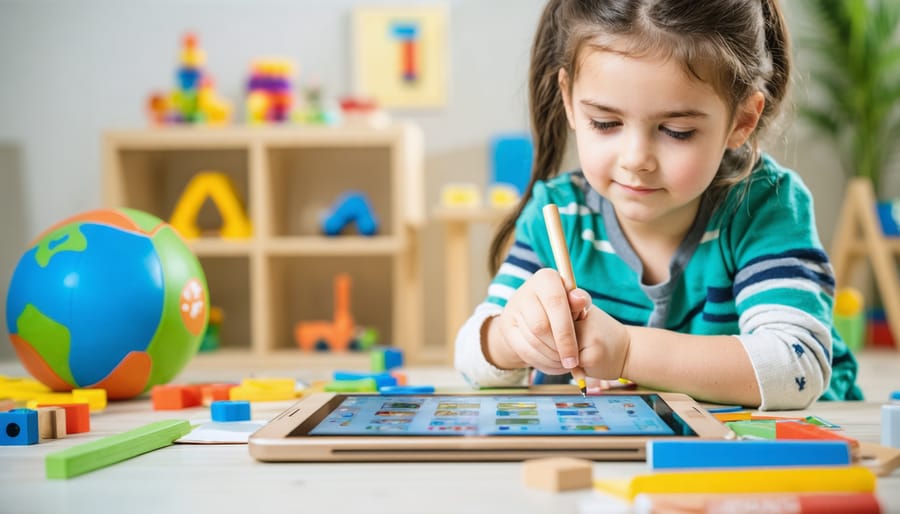 Kindergarten learning center featuring tablet and traditional educational materials