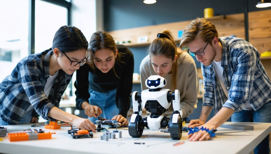 Diverse college STEM students and an industry mentor collaborate around a tabletop prototype robot in a modern makerspace, with tools and a 3D printer softly blurred in the background.
