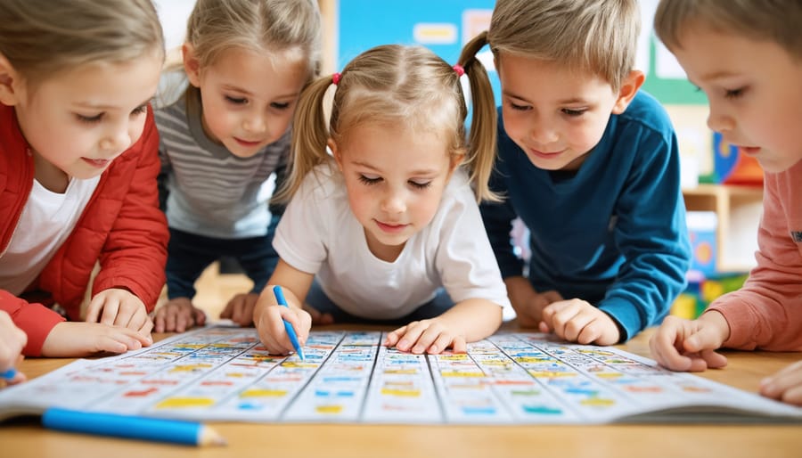 Elementary students playing educational word games together on classroom floor