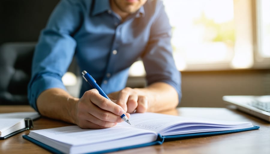 Confident business professional standing outside testing center ready for exam