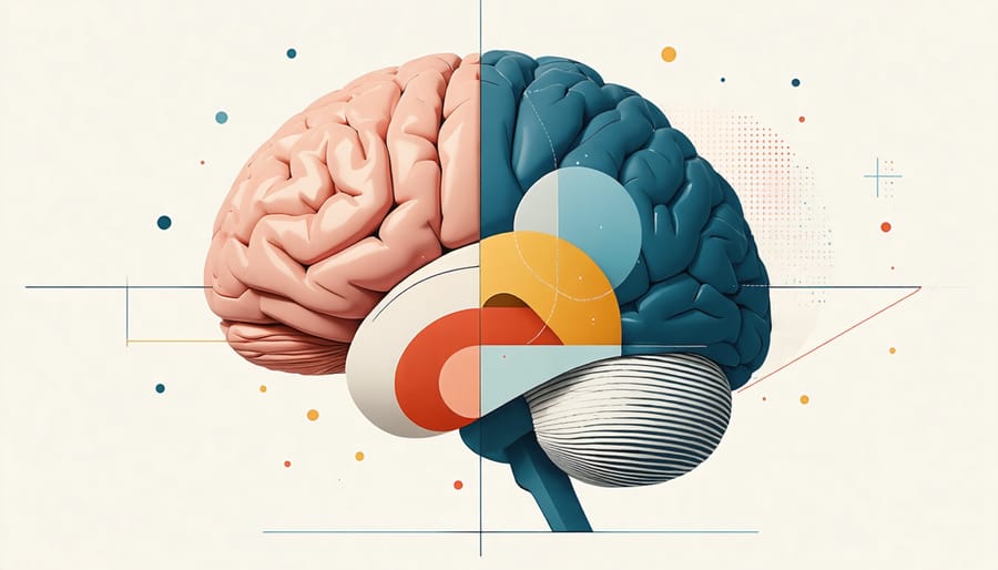 Illuminated brain with neural connections surrounded by contextual word fragments
