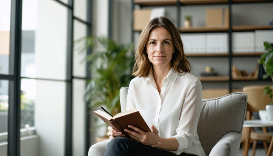 Early-career counseling psychologist sitting in a modern therapy office, holding a notebook and pen with soft natural light and blurred armchairs, plants, and bookshelf in the background.