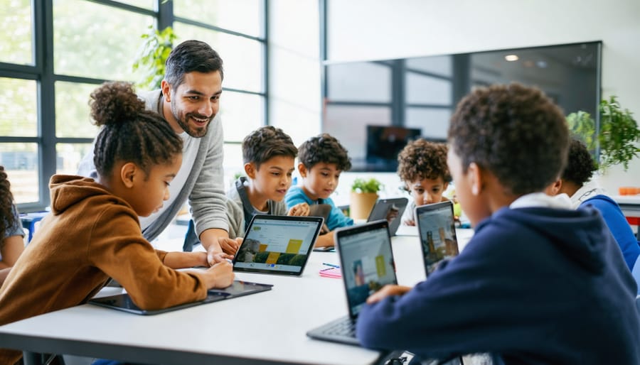 Teacher guiding small groups of students using tablets at clustered desks in a bright, modern classroom, photographed at eye level with soft natural light and a blurred background of shelves, plants, and a blank whiteboard.