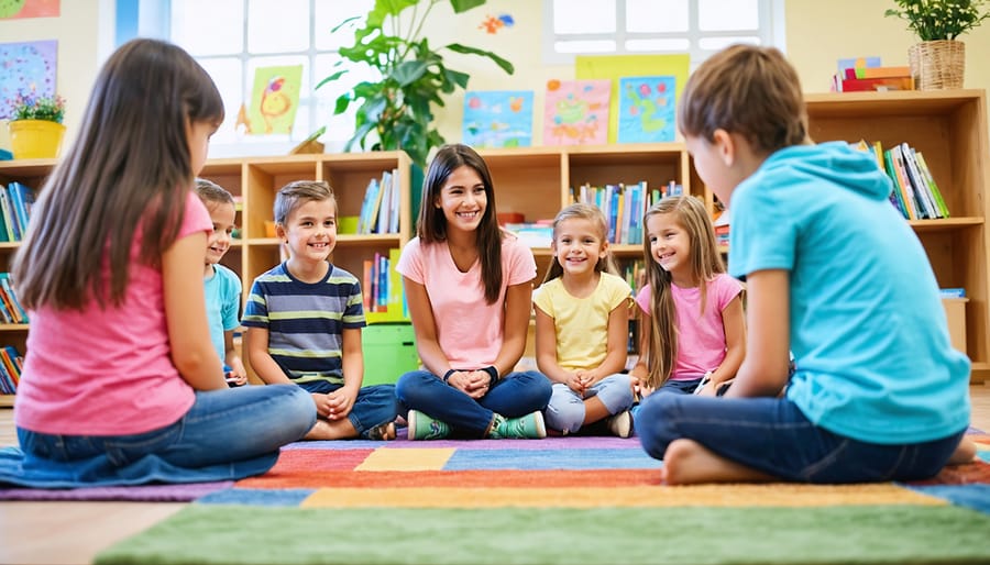 Teacher and diverse group of elementary students sit in a circle on a colorful rug during a morning meeting, smiling and greeting each other in a sunlit classroom with bookshelves, plants, and student artwork in the background.