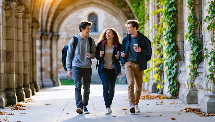 Three diverse adult students walk and converse through a collegiate Gothic courtyard with ivy, an open stone archway, and autumn trees, lit by warm golden hour sunlight, background softly blurred.