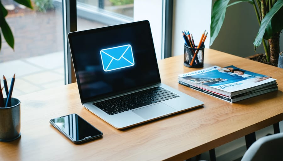 Publisher’s desk with open laptop showing envelope icon, smartphone, and stack of magazines on wooden surface, softly lit with blurred newsroom shelves and plants in the background.