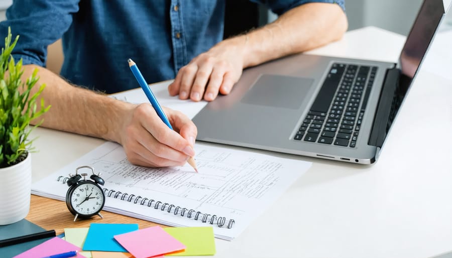 Focused student at a clean desk practicing GRE-style verbal work with a pencil, analog stopwatch, blurred laptop screen, and three color-coded card stacks under soft natural light, no readable text visible.
