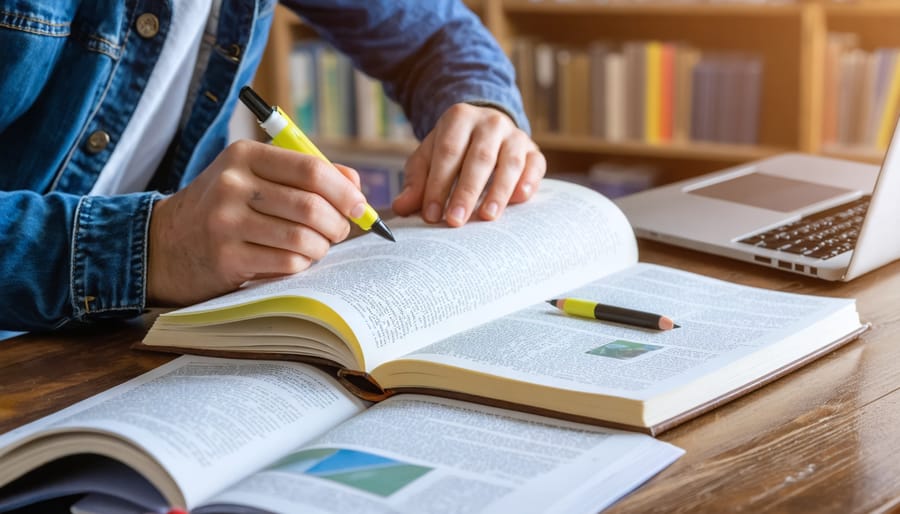 Graduate student highlighting a passage in an open book at a wooden desk with printed articles, notebook, and a defocused laptop, soft morning light and blurred bookshelves in the background; no legible text visible.