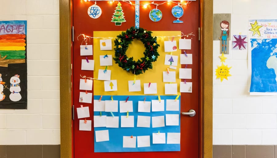 Inclusive winter holiday classroom door with student-made paper symbols—menorah, kinara, diya lamp, evergreen, solstice sun—plus a numberless pocket grid, paper chain, and kindness wreath with blank tags, softly lit with the classroom blurred in the background.