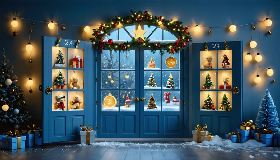 Classroom door decorated with interactive advent calendar featuring numbered pockets containing educational activities