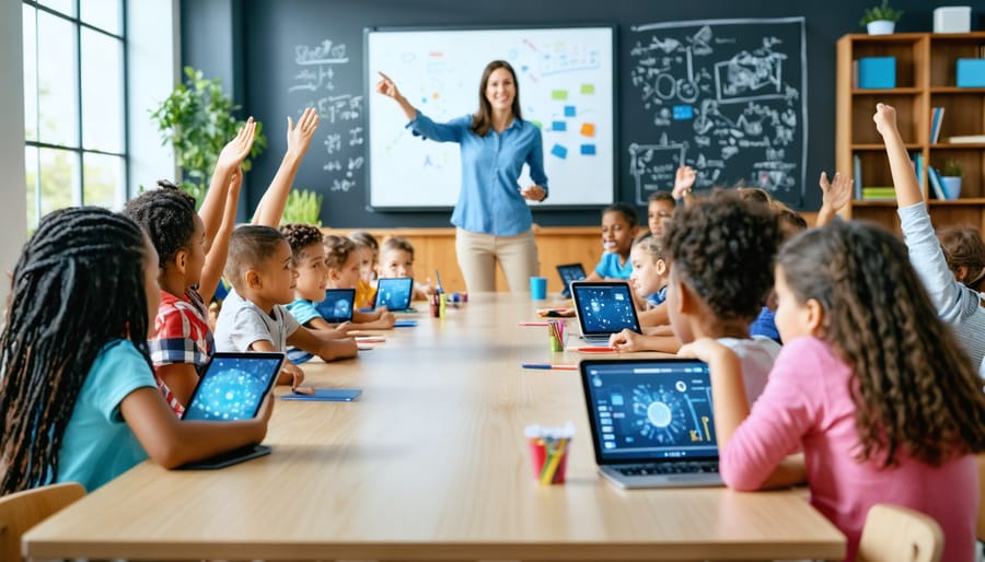 Teacher using a glowing digital whiteboard while diverse students with tablets raise hands and collaborate at group tables in a bright, modern classroom