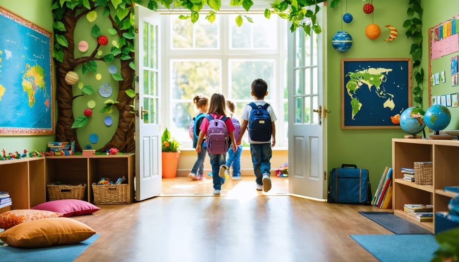 Open classroom doorway with diverse elementary students walking into a themed room featuring a reading garden, model planets, and a globe-filled history nook under warm natural light; organized decor with no visible text.